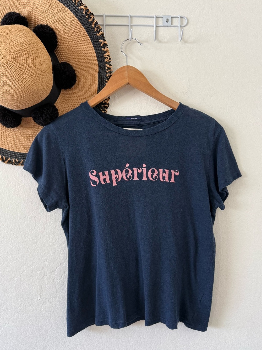 MOTHER SUPERIOR Sinful Tee Navy Blue Linen Cotton Short Sleeve Graphic Tee Small - Picture 3 of 16